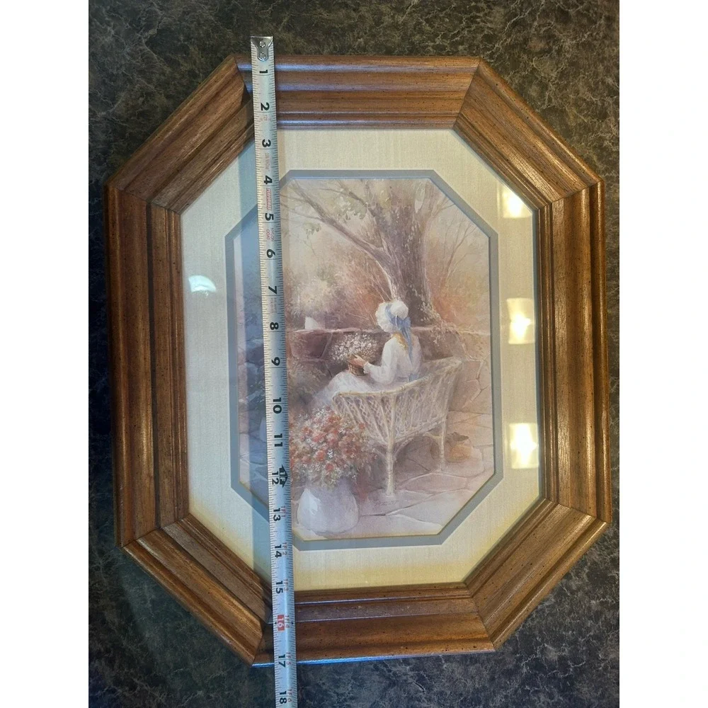 Vintage Octagon Garden Bench Framed HOMCO Blue Bonnet Art Girl White Wicker
